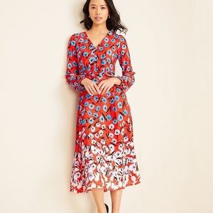 Ann Taylor Red Floral Midi Dress with Blue and White Accents